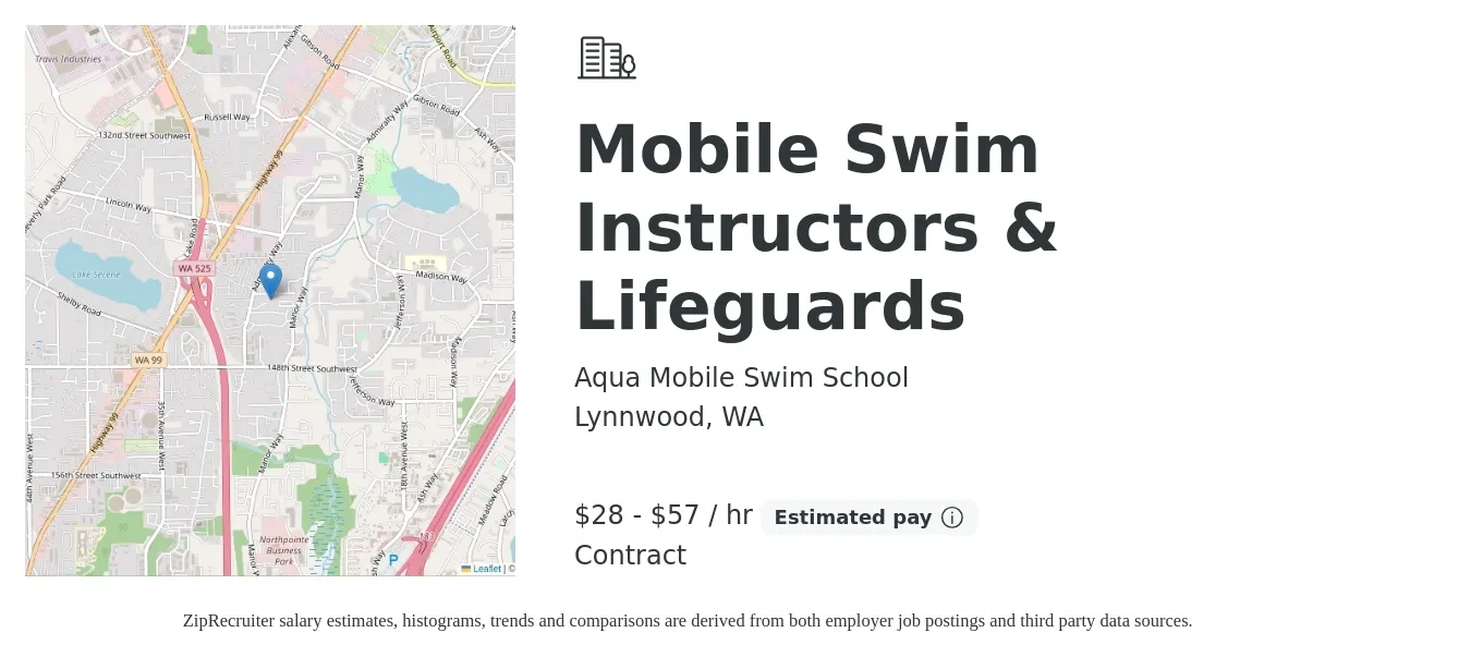 Aqua Mobile Swim School job posting for a Mobile Swim Instructors & Lifeguards in Lynnwood, WA with a salary of $30 to $60 Hourly with a map of Lynnwood location.
