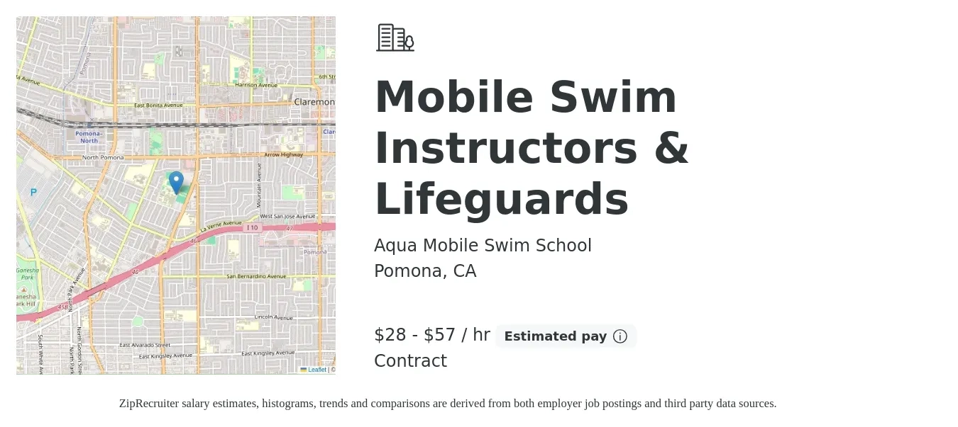Aqua Mobile Swim School job posting for a Mobile Swim Instructors & Lifeguards in Pomona, CA with a salary of $30 to $60 Hourly with a map of Pomona location.