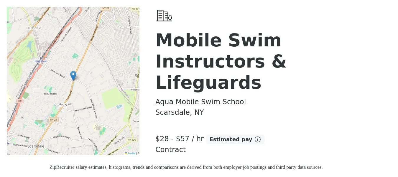 Aqua Mobile Swim School job posting for a Mobile Swim Instructors & Lifeguards in Scarsdale, NY with a salary of $30 to $60 Hourly with a map of Scarsdale location.