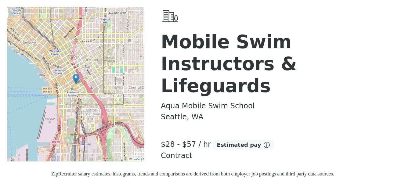 Aqua Mobile Swim School job posting for a Mobile Swim Instructors & Lifeguards in Seattle, WA with a salary of $30 to $60 Hourly with a map of Seattle location.