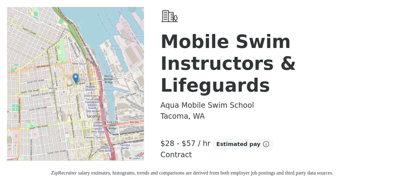 Aqua Mobile Swim School job posting for a Mobile Swim Instructors & Lifeguards in Tacoma, WA with a salary of $30 to $60 Hourly with a map of Tacoma location.