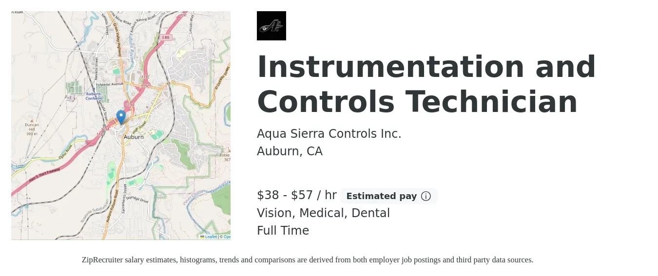 Aqua Sierra Controls Inc. job posting for a Instrumentation and Controls Technician in Auburn, CA with a salary of $40 to $60 Hourly and benefits including dental, medical, pto, retirement, and vision with a map of Auburn location.