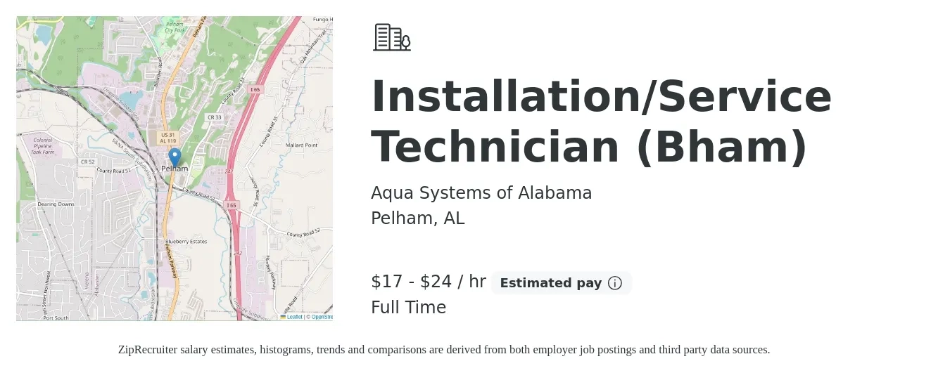 Aqua Systems of Alabama job posting for a Installation/Service Technician (Bham) in Pelham, AL with a salary of $18 to $25 Hourly with a map of Pelham location.