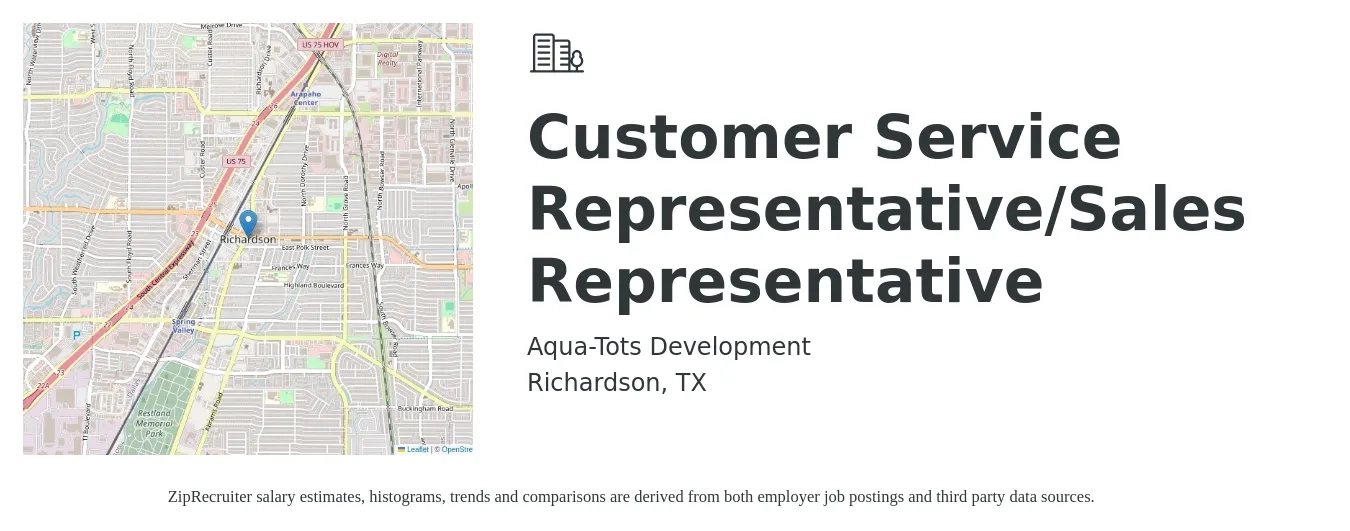 Aqua-Tots Development job posting for a Customer Service Representative/Sales Representative in Richardson, TX with a salary of $13 to $16 Hourly with a map of Richardson location.