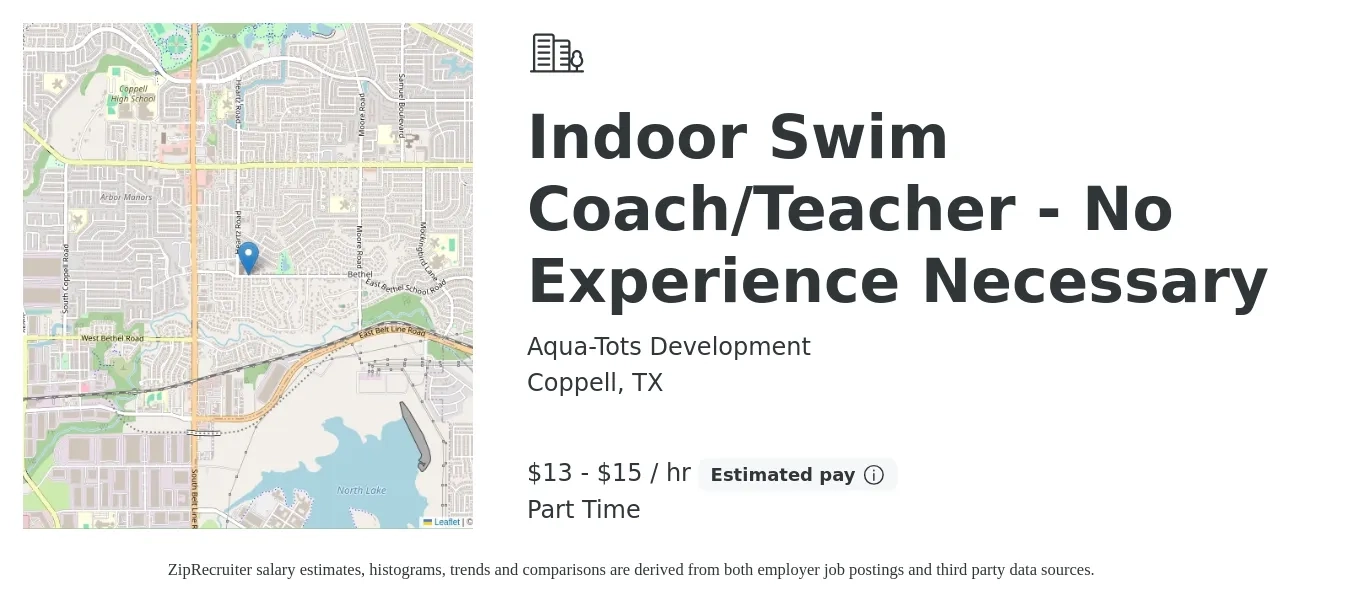 Aqua-Tots Development job posting for a Indoor Swim Coach/Teacher - No Experience Necessary in Coppell, TX with a salary of $14 to $16 Hourly with a map of Coppell location.