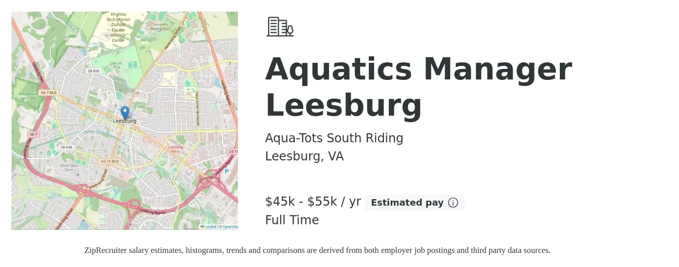 Aqua-Tots South Riding job posting for a Aquatics Manager Leesburg in Leesburg, VA with a salary of $45,000 to $55,000 Yearly with a map of Leesburg location.