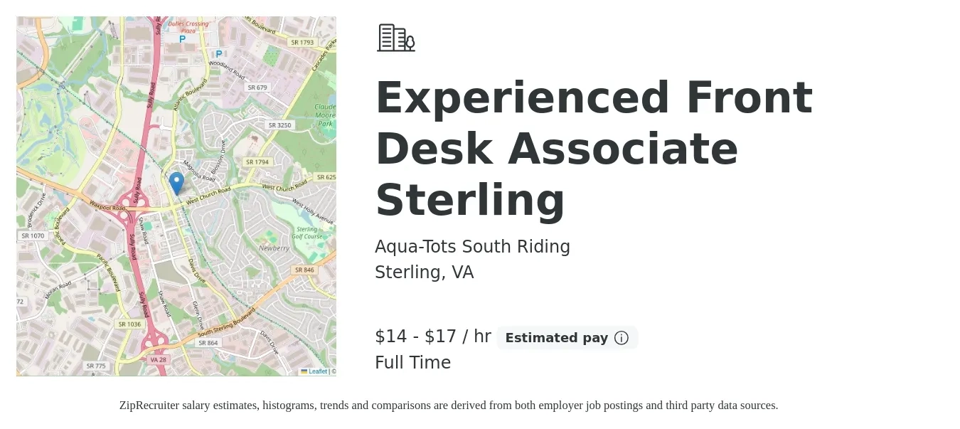 Aqua-Tots South Riding job posting for a Experienced Front Desk Associate Sterling in Sterling, VA with a salary of $15 to $18 Hourly with a map of Sterling location.