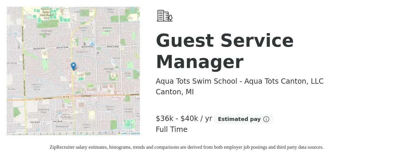 Aqua Tots Swim School - Aqua Tots Canton, LLC job posting for a Guest Service Manager in Canton, MI with a salary of $36,000 to $40,000 Yearly with a map of Canton location.