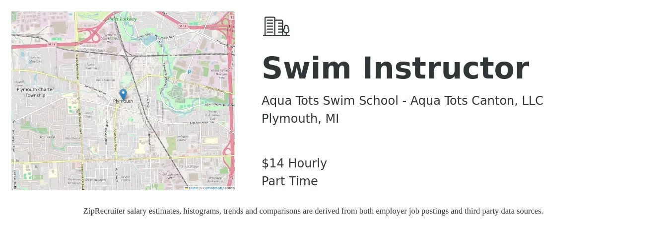 Aqua Tots Swim School - Aqua Tots Canton, LLC job posting for a Swim Instructor in Plymouth, MI with a salary of $15 to $16 Hourly with a map of Plymouth location.