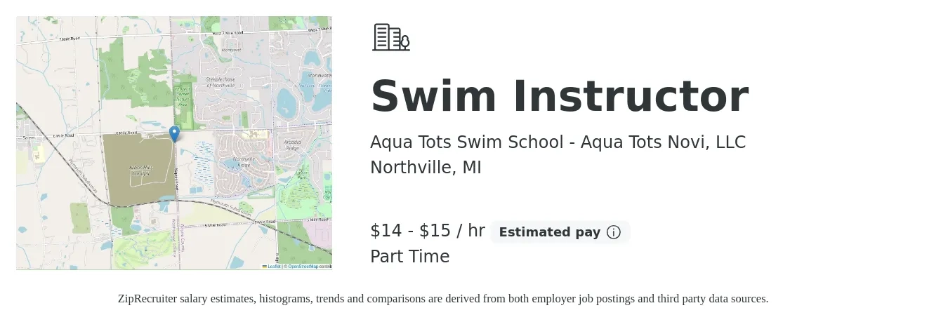 Aqua Tots Swim School - Aqua Tots Novi, LLC job posting for a Swim Instructor in Northville, MI with a salary of $15 Hourly with a map of Northville location.