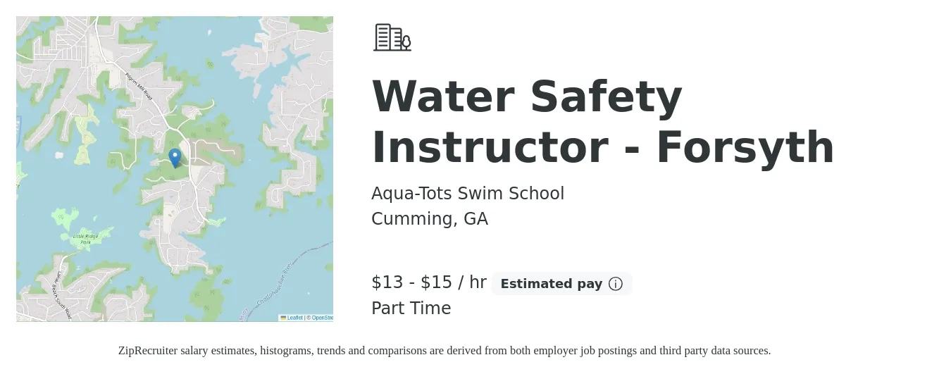 Aqua-Tots Swim School job posting for a Water Safety Instructor - Forsyth in Cumming, GA with a salary of $14 to $16 Hourly with a map of Cumming location.