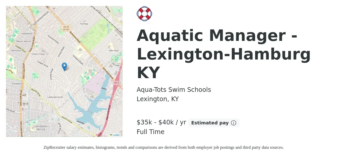 Aqua-Tots Swim Schools job posting for a Aquatic Manager - Lexington-Hamburg KY in Lexington, KY with a salary of $35,000 to $40,000 Yearly with a map of Lexington location.
