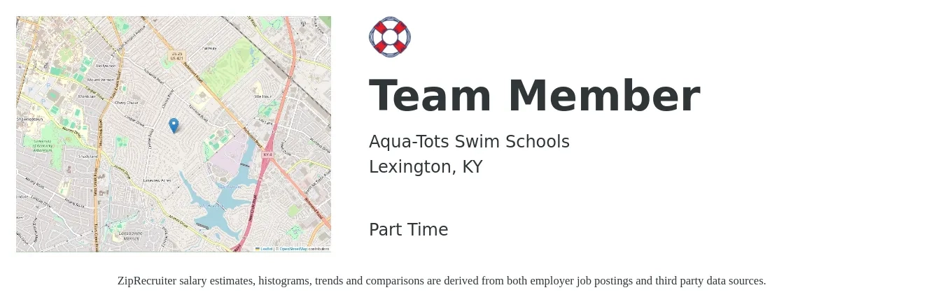 Aqua-Tots Swim Schools job posting for a Team Member in Lexington, KY with a salary of $15 Hourly with a map of Lexington location.