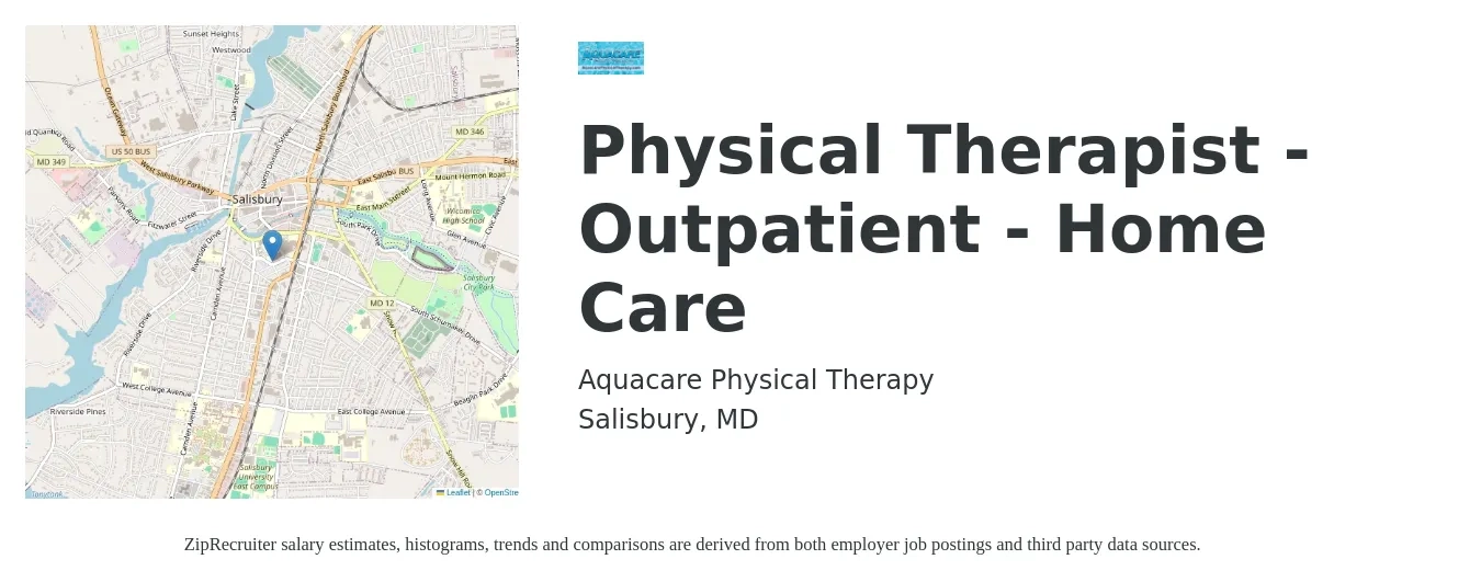 Aquacare Physical Therapy job posting for a Physical Therapist - Outpatient - Home Care in Salisbury, MD with a salary of $1,640 to $2,120 Weekly with a map of Salisbury location.