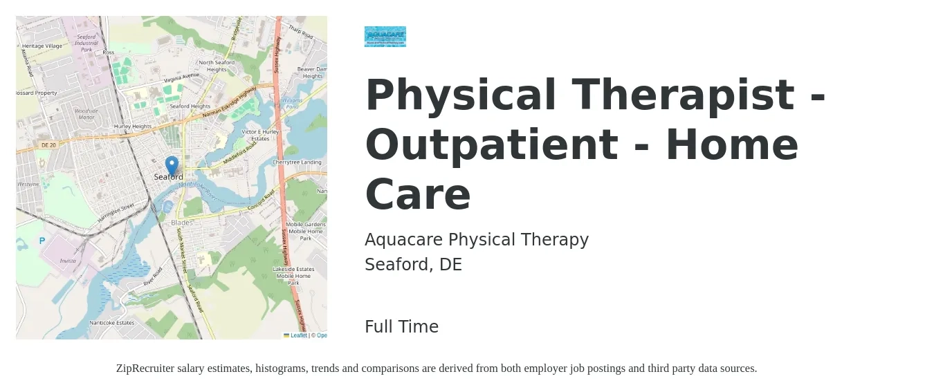 Aquacare Physical Therapy job posting for a Physical Therapist - Outpatient - Home Care in Seaford, DE with a salary of $1,560 to $2,020 Weekly with a map of Seaford location.