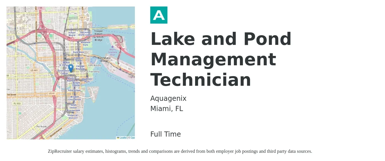 Aquagenix job posting for a Lake and Pond Management Technician in Miami, FL with a salary of $17 Hourly with a map of Miami location.
