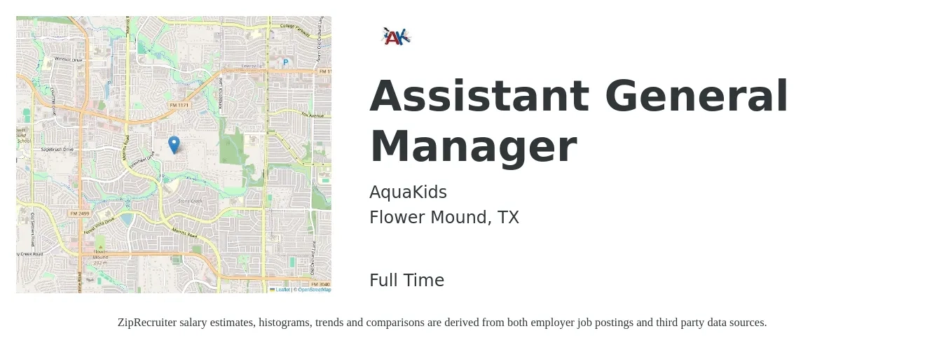 AquaKids job posting for a Assistant General Manager in Flower Mound, TX with a salary of $14 to $22 Hourly with a map of Flower Mound location.