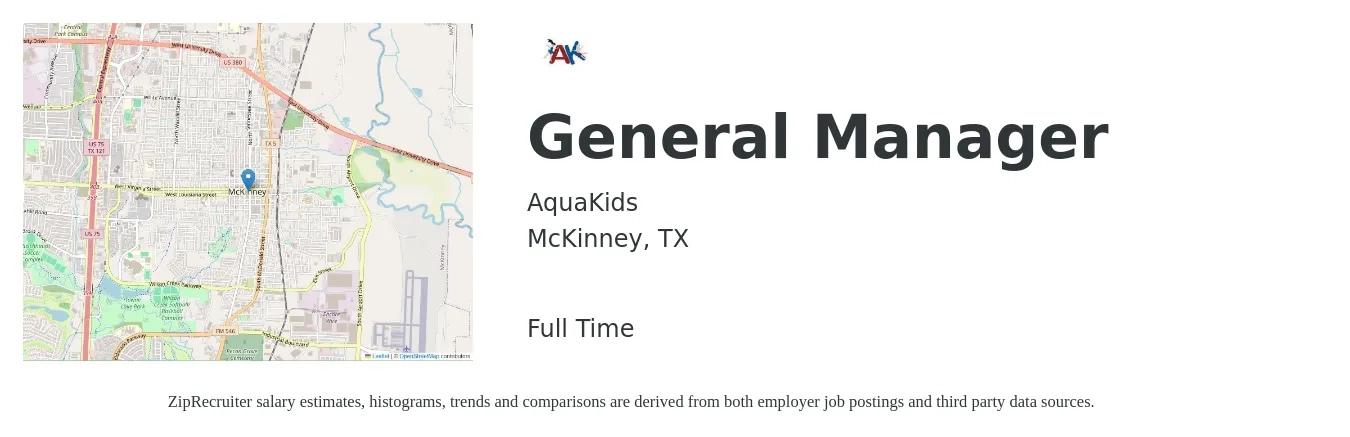 AquaKids job posting for a General Manager in McKinney, TX with a salary of $45,900 to $68,600 Yearly with a map of McKinney location.
