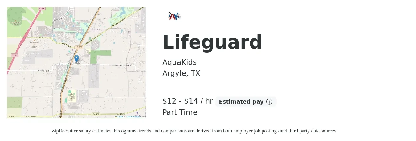 AquaKids job posting for a Lifeguard in Argyle, TX with a salary of $14 to $16 Hourly with a map of Argyle location.