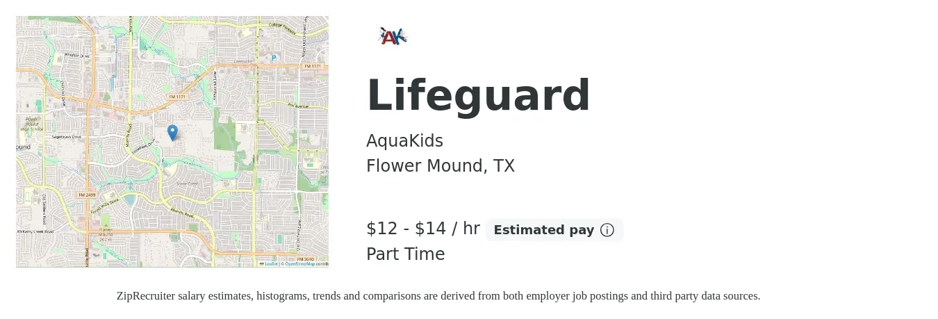 AquaKids job posting for a Lifeguard in Flower Mound, TX with a salary of $14 to $16 Hourly with a map of Flower Mound location.