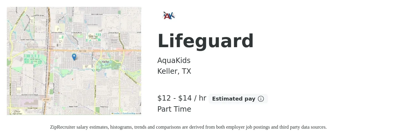AquaKids job posting for a Lifeguard in Keller, TX with a salary of $14 to $16 Hourly with a map of Keller location.