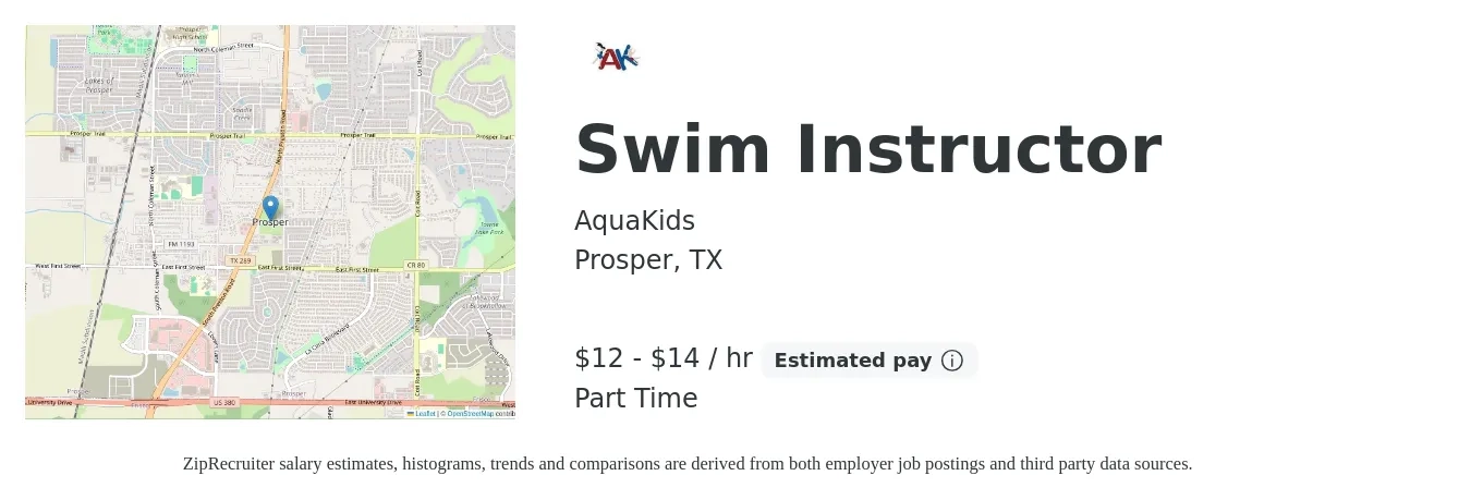 AquaKids job posting for a Swim Instructor in Prosper, TX with a salary of $14 to $15 Hourly with a map of Prosper location.