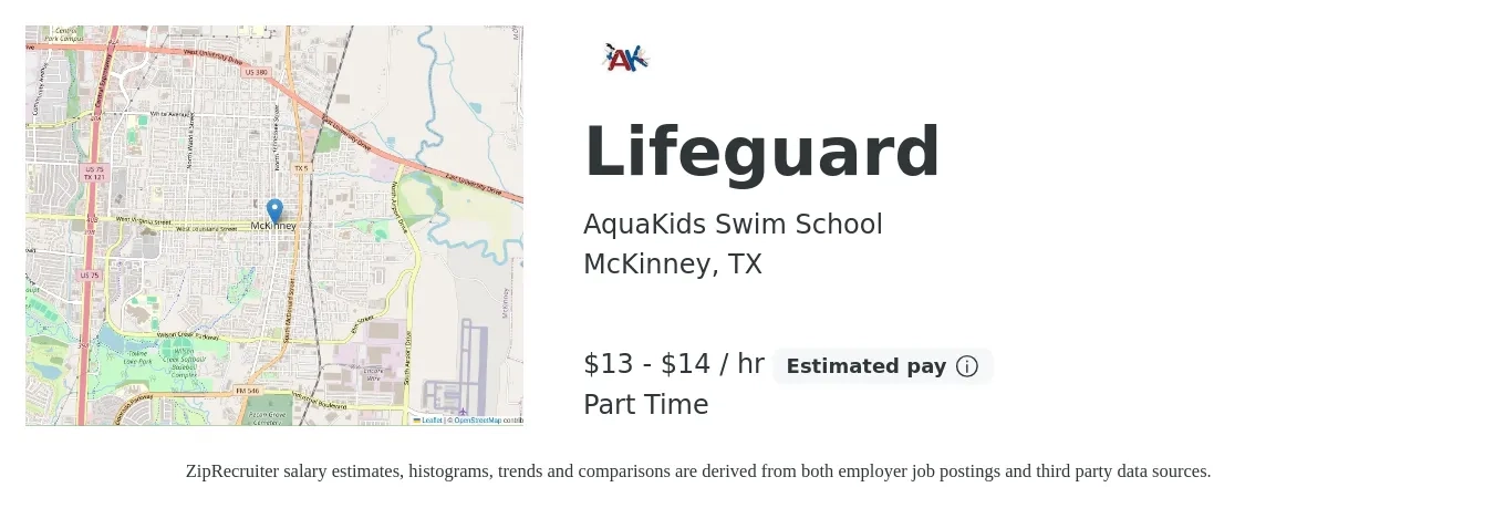 AquaKids Swim School job posting for a Lifeguard in McKinney, TX with a salary of $14 to $16 Hourly with a map of McKinney location.