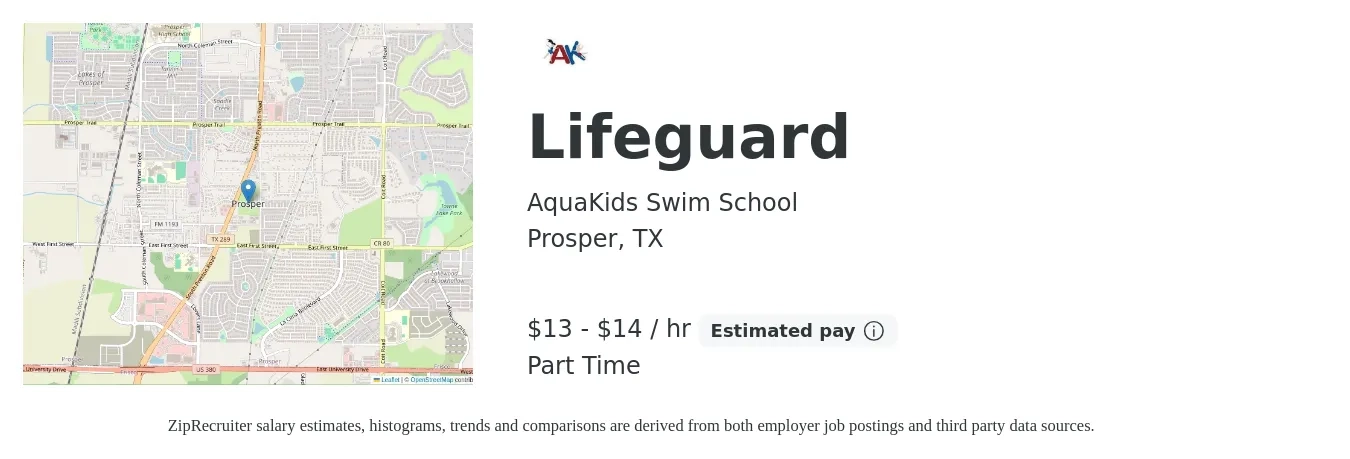 AquaKids Swim School job posting for a Lifeguard in Prosper, TX with a salary of $14 to $16 Hourly with a map of Prosper location.