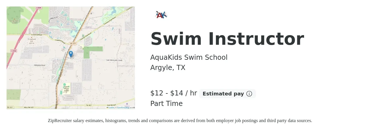 AquaKids Swim School job posting for a Swim Instructor in Argyle, TX with a salary of $14 to $15 Hourly with a map of Argyle location.