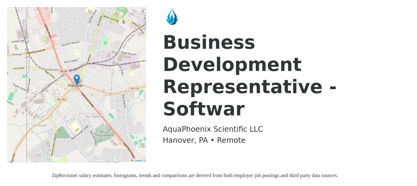 AquaPhoenix Scientific LLC job posting for a Business Development Representative - Softwar in Hanover, PA with a salary of $43,300 to $67,300 Yearly with a map of Hanover location.