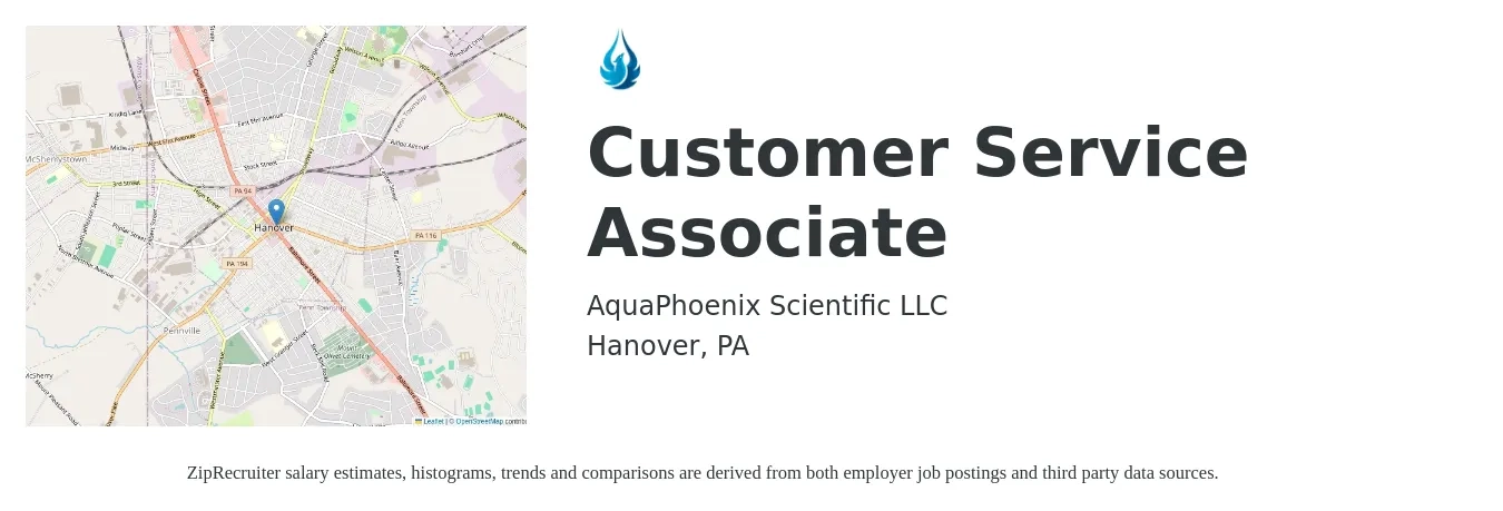 AquaPhoenix Scientific LLC job posting for a Customer Service Associate in Hanover, PA with a salary of $14 to $19 Hourly with a map of Hanover location.