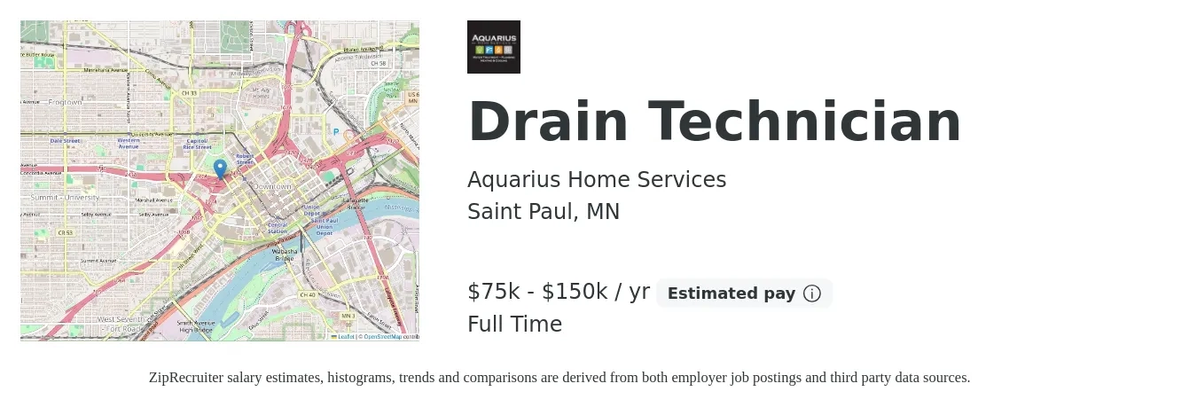 Aquarius Home Services job posting for a Drain Technician in Saint Paul, MN with a salary of $75,000 to $150,000 Yearly with a map of Saint Paul location.