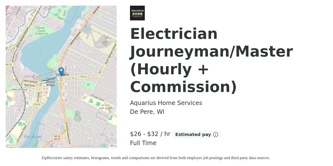 Aquarius Home Services job posting for a Electrician Journeyman/Master (Hourly + Commission) in De Pere, WI with a salary of $28 to $34 Hourly with a map of De Pere location.