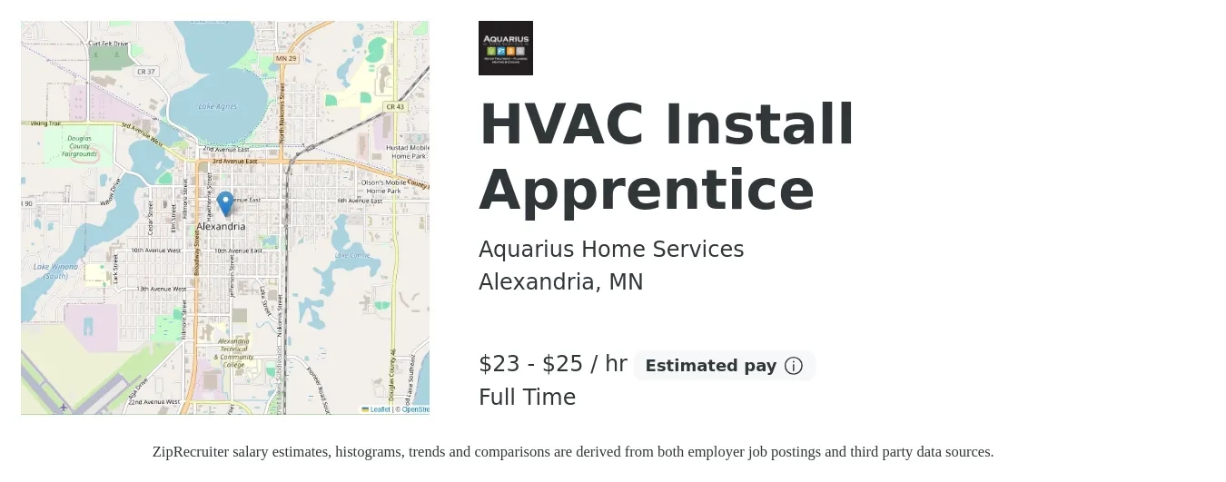 Aquarius Home Services job posting for a HVAC Install Apprentice in Alexandria, MN with a salary of $24 to $26 Hourly with a map of Alexandria location.