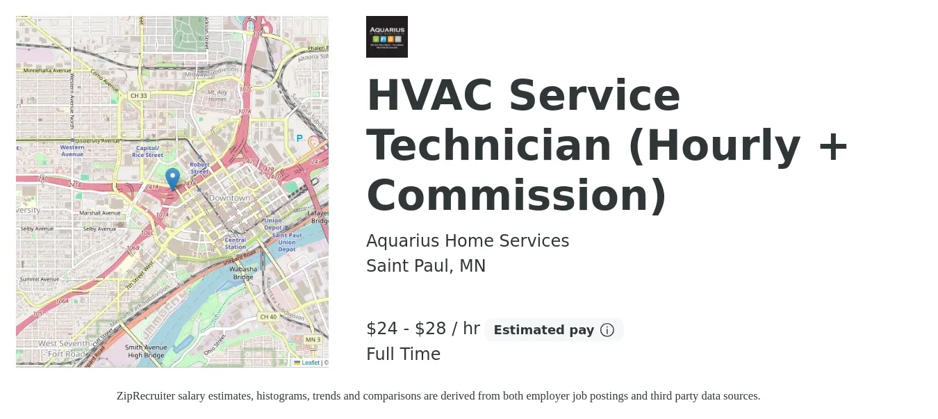 Aquarius Home Services job posting for a HVAC Service Technician (Hourly + Commission) in Saint Paul, MN with a salary of $25 to $30 Hourly with a map of Saint Paul location.