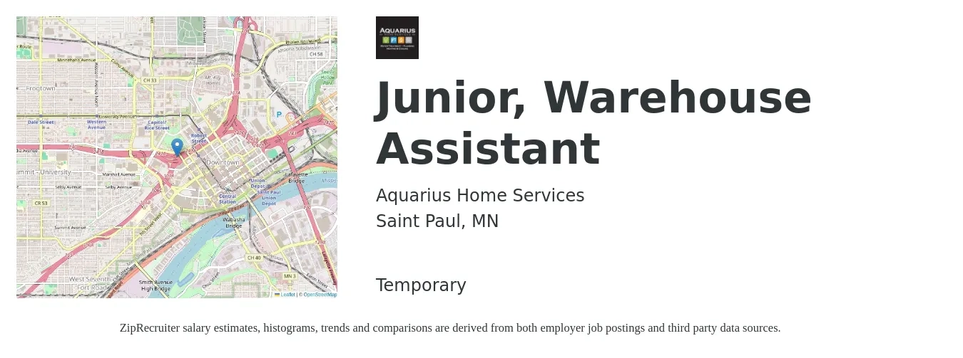 Aquarius Home Services job posting for a Junior, Warehouse Assistant in Saint Paul, MN with a salary of $16 to $20 Hourly with a map of Saint Paul location.