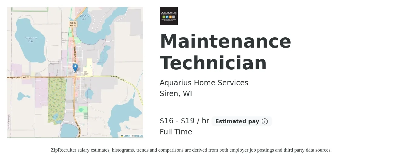 Aquarius Home Services job posting for a Maintenance Technician in Siren, WI with a salary of $17 to $20 Hourly with a map of Siren location.