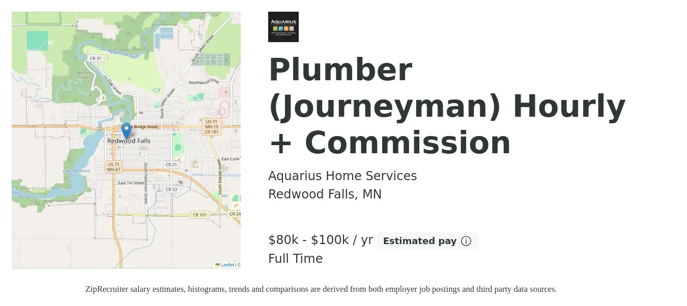 Aquarius Home Services job posting for a Plumber (Journeyman) Hourly + Commission in Redwood Falls, MN with a salary of $80,000 to $100,000 Yearly with a map of Redwood Falls location.