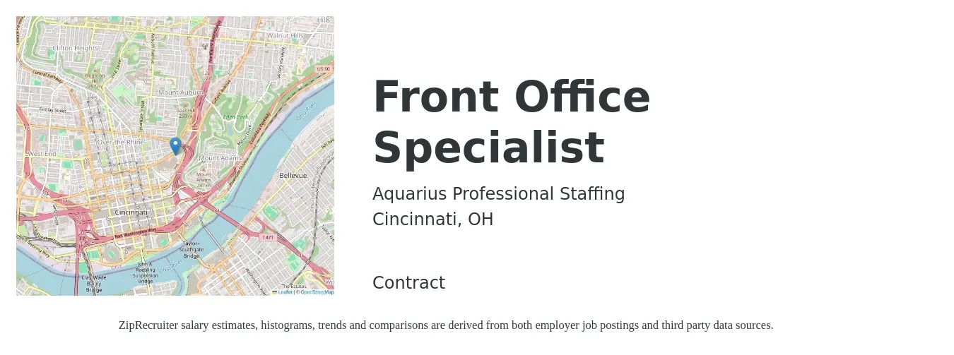 Aquarius Professional Staffing job posting for a Front Office Specialist in Cincinnati, OH with a salary of $15 to $18 Hourly with a map of Cincinnati location.
