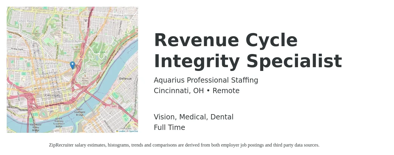 Aquarius Professional Staffing job posting for a Revenue Cycle Integrity Specialist in Cincinnati, OH with a salary of $48,000 to $79,600 Yearly and benefits including medical, pto, retirement, vision, and dental with a map of Cincinnati location.
