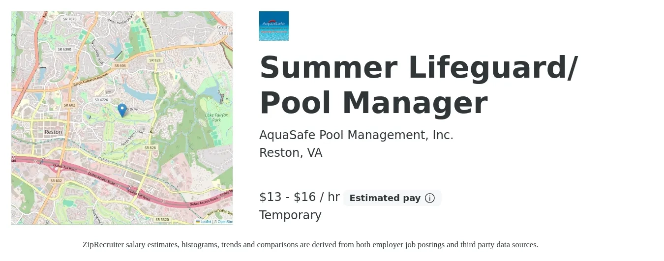 AquaSafe Pool Management, Inc. job posting for a Summer Lifeguard/ Pool Manager in Reston, VA with a salary of $14 to $17 Hourly with a map of Reston location.