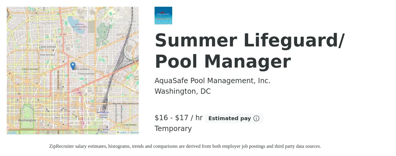 AquaSafe Pool Management, Inc. job posting for a Summer Lifeguard/ Pool Manager in Washington, DC with a salary of $17 to $18 Hourly with a map of Washington location.