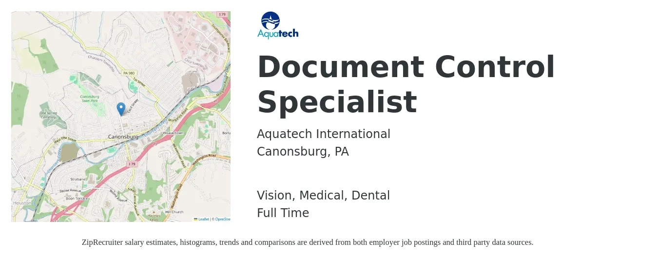 Aquatech International job posting for a Document Control Specialist in Canonsburg, PA with a salary of $19 to $30 Hourly and benefits including dental, medical, pto, and vision with a map of Canonsburg location.