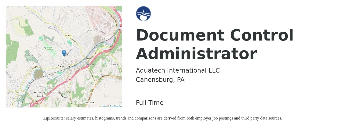Aquatech International LLC job posting for a Document Control Administrator in Canonsburg, PA with a salary of $16 to $24 Hourly with a map of Canonsburg location.