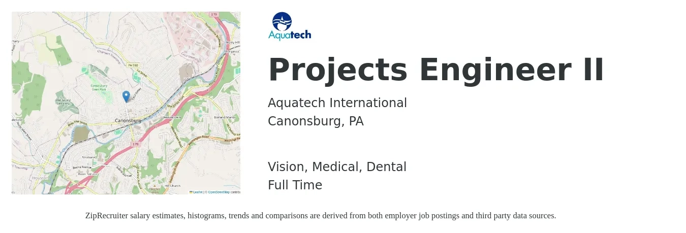 Aquatech International job posting for a Projects Engineer II in Canonsburg, PA with a salary of $68,000 to $95,100 Yearly and benefits including medical, pto, vision, and dental with a map of Canonsburg location.