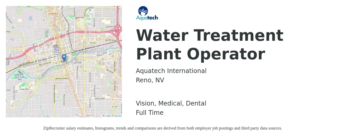 Aquatech International job posting for a Water Treatment Plant Operator in Reno, NV with a salary of $43,900 to $65,800 Yearly and benefits including vision, dental, medical, and pto with a map of Reno location.