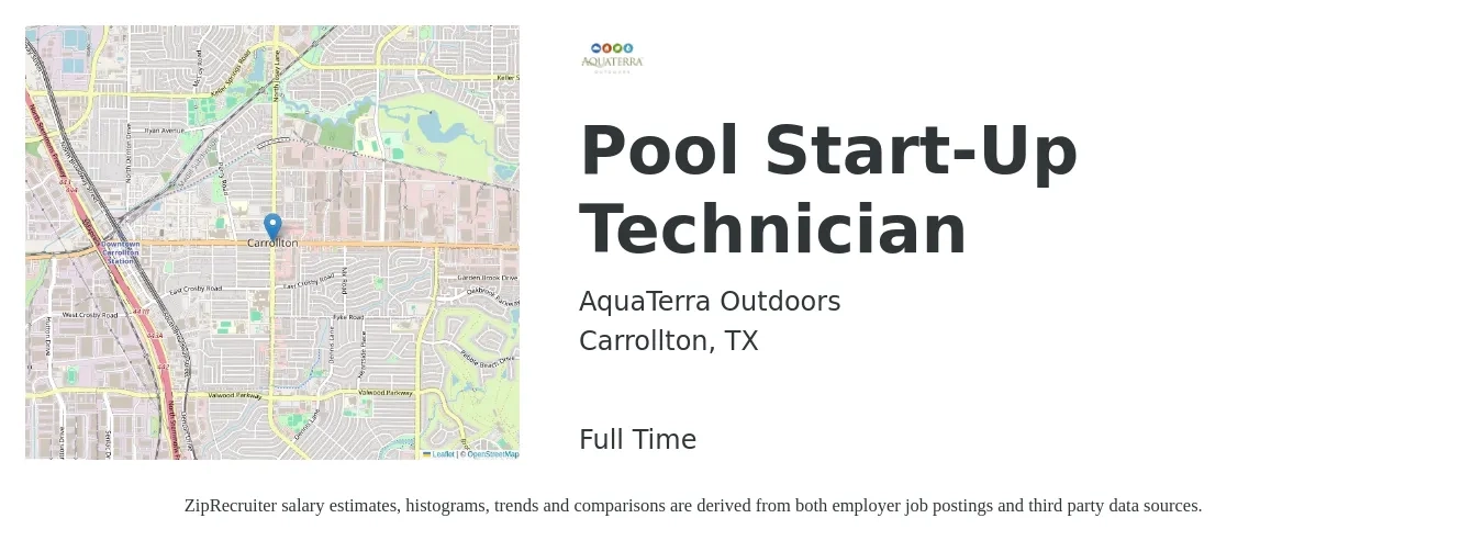 AquaTerra Outdoors job posting for a Pool Start-Up Technician in Carrollton, TX with a salary of $16 to $21 Hourly with a map of Carrollton location.