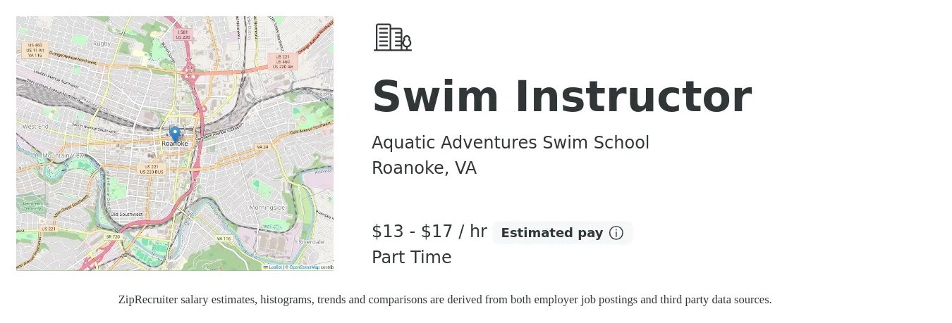 Aquatic Adventures Swim School job posting for a Swim Instructor in Roanoke, VA with a salary of $14 to $18 Hourly with a map of Roanoke location.