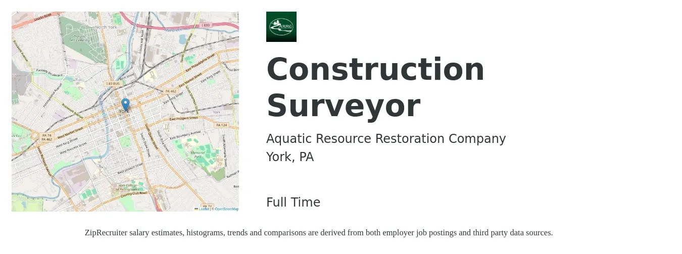 Aquatic Resource Restoration Company job posting for a Construction Surveyor in York, PA with a salary of $51,700 to $90,100 Yearly with a map of York location.