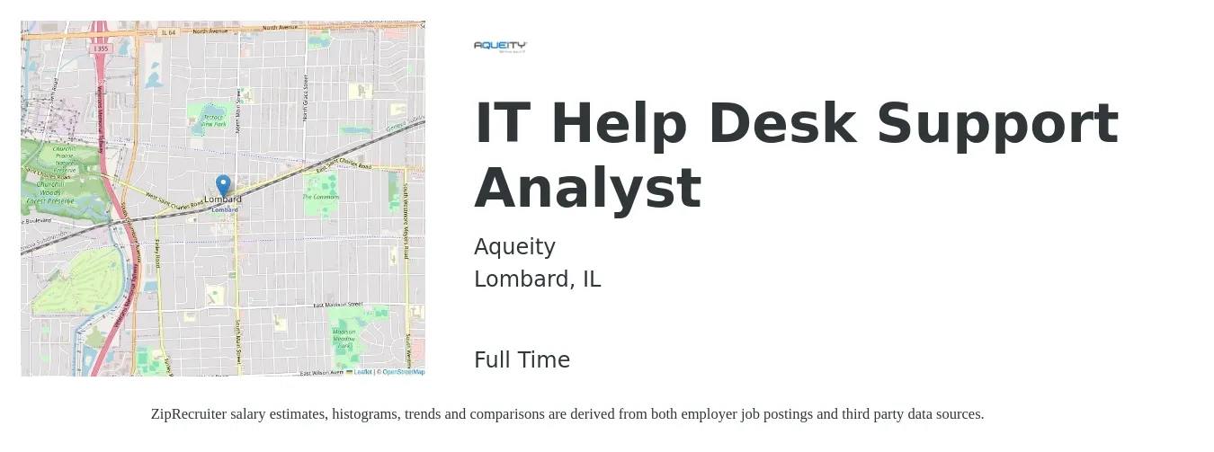 Aqueity job posting for a IT Help Desk Support Analyst in Lombard, IL with a salary of $21 to $29 Hourly with a map of Lombard location.
